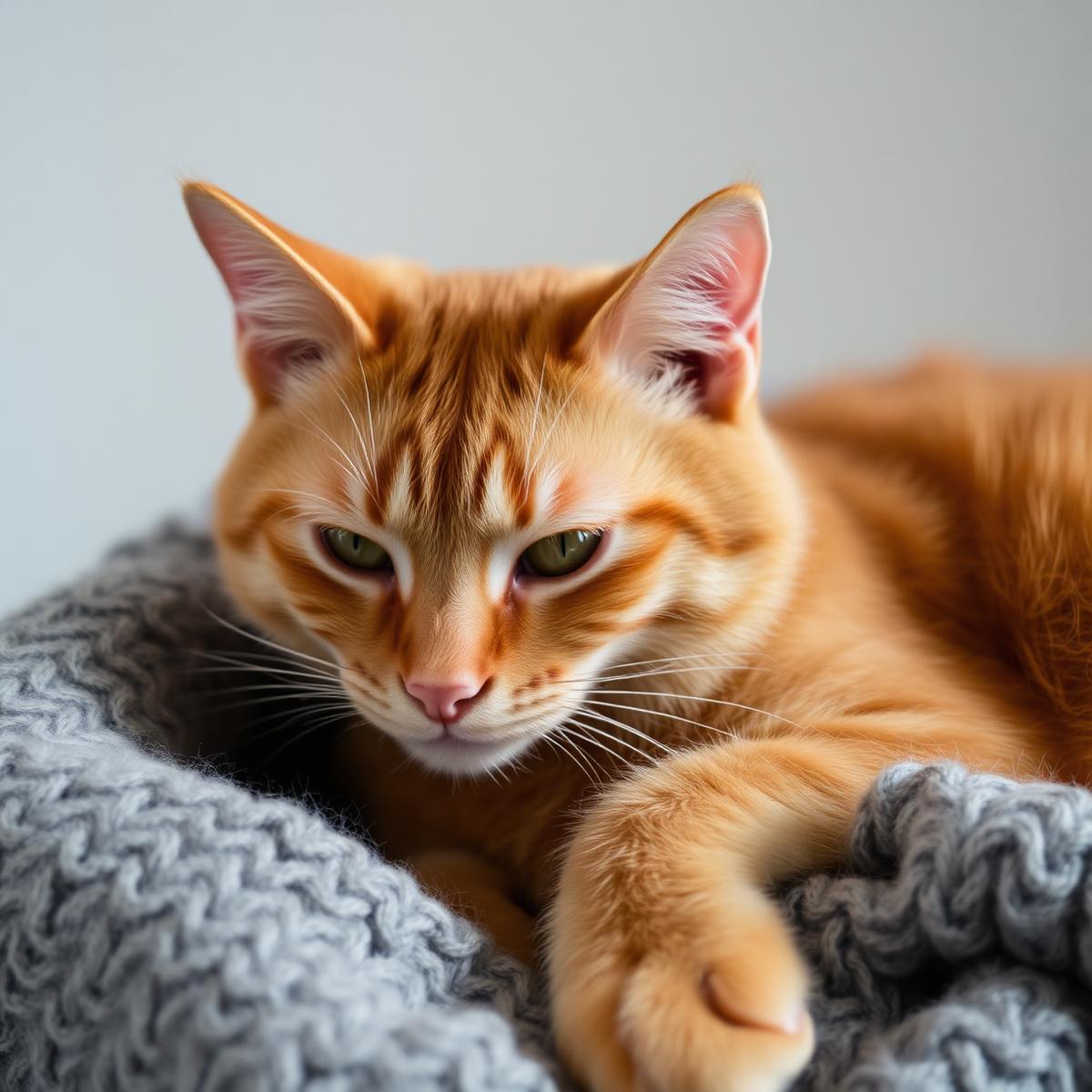 Röd katt som vilar lugnt på en filt